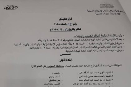 تشكيل فرع الاتحاد العام لشباب العمال بالسويس.. 23 فرعاً معتمداً بجميع محافظات الجمهورية