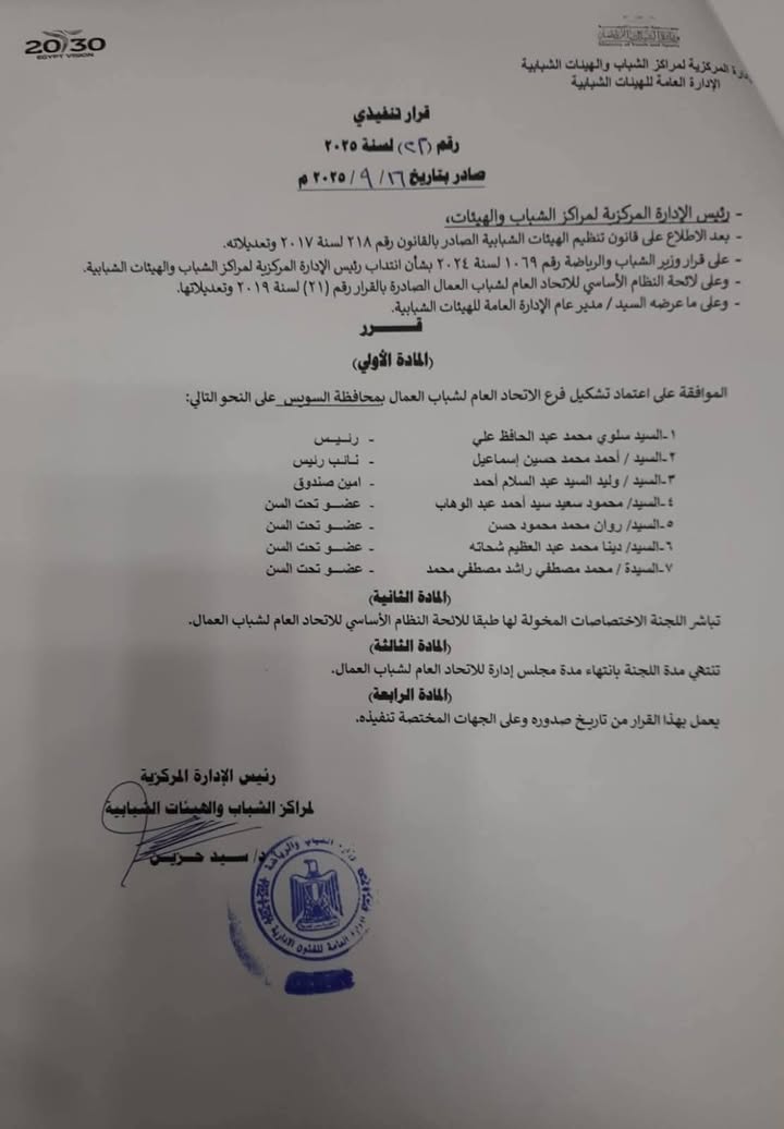 تشكيل فرع الاتحاد العام لشباب العمال بالسويس.. 23 فرعاً معتمداً بجميع محافظات الجمهورية